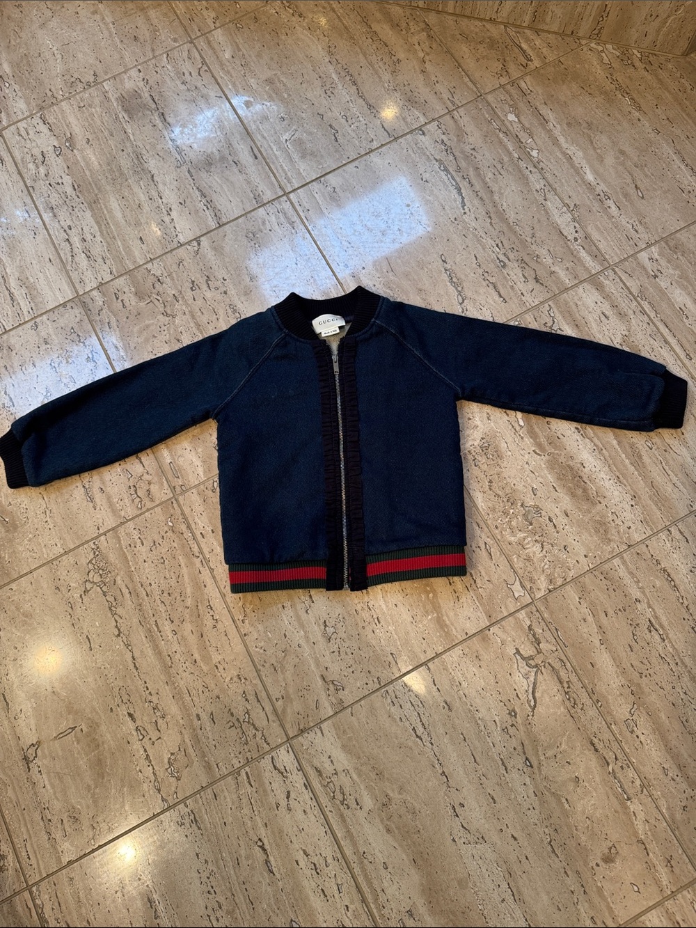 Gucci Navy Kids Zip-Front Bomber Jacket with Red & Green Stripe Size 18/24 Month